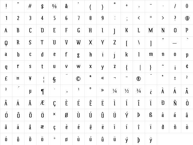 Zeitgeist MT Regular  glyph index