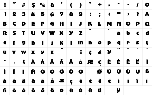 Adventurer Black SF Regular  glyph index