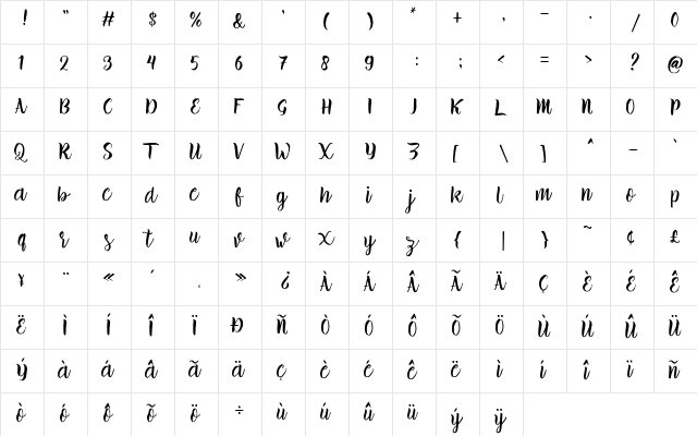 brillia Free Demo Regular  glyph index