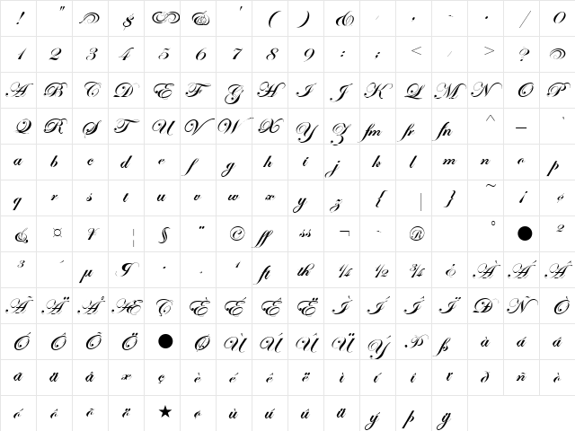 Edwardian Script ITC Bold  glyph index