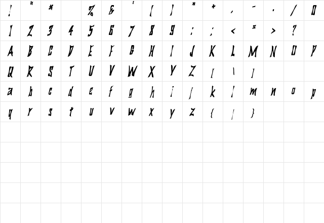 BigDaddyCondensed Oblique  glyph index