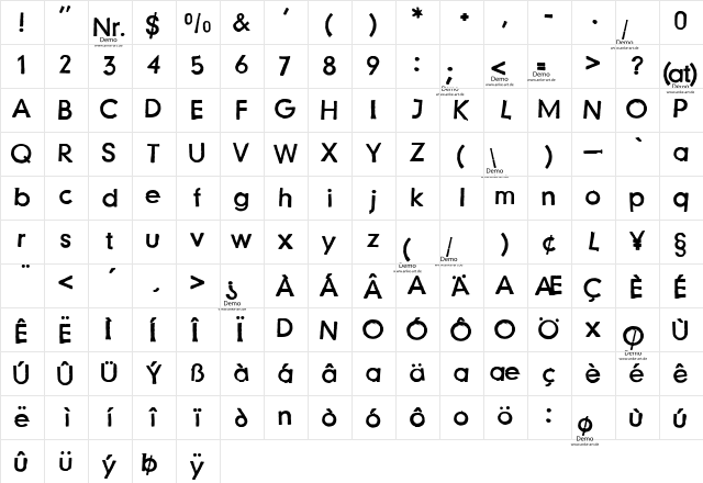 Just another stamp font - Demo Regular  glyph index