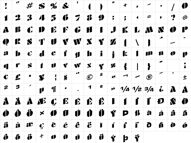 Crows Regular  glyph index