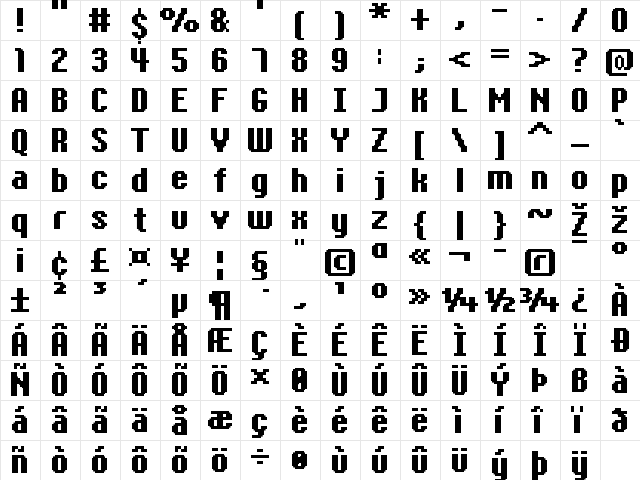 FFF Homepage Bold Extended Regular  glyph index