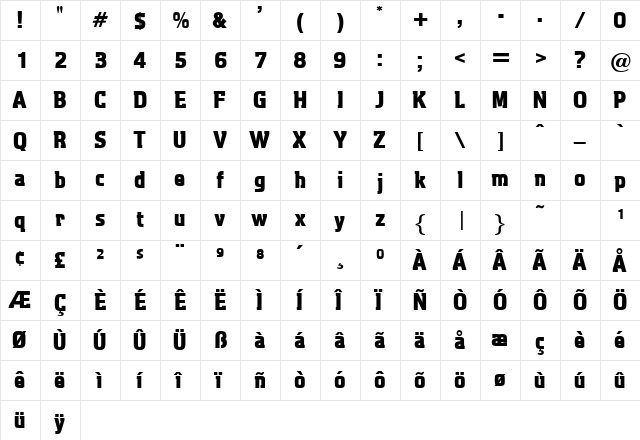 AquaticHeavy Regular  glyph index