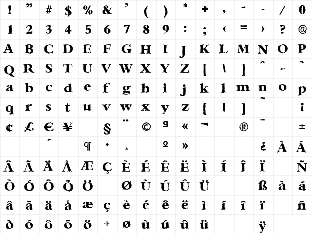 AndrewBeckerAntique-ExtraBold Regular  glyph index