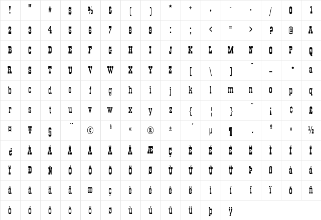 BoomTown Regular  glyph index