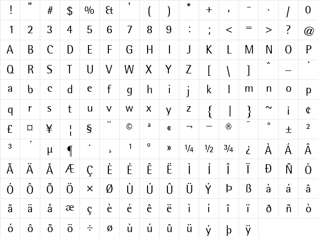 RotisSemiSans55 Roman  glyph index