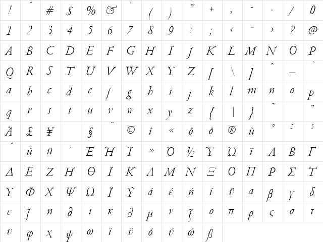 PFGaramond Classic Italic Regular  glyph index