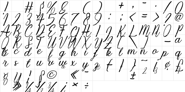 Kiara Akira Regular  glyph index