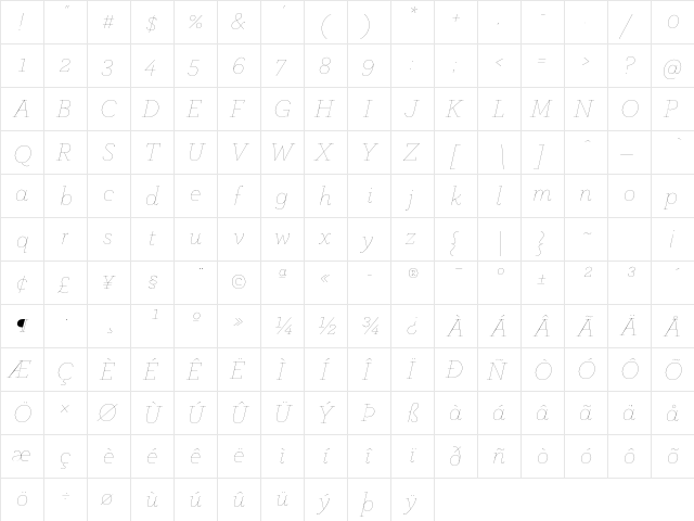 ArcherPro Hairline Italic  glyph index