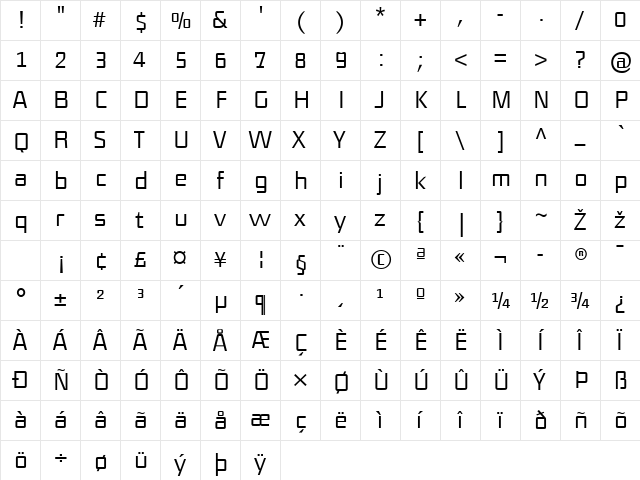DistrictTF-Light Regular  glyph index