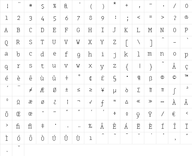 MonoxSerifExtraLight Regular  glyph index