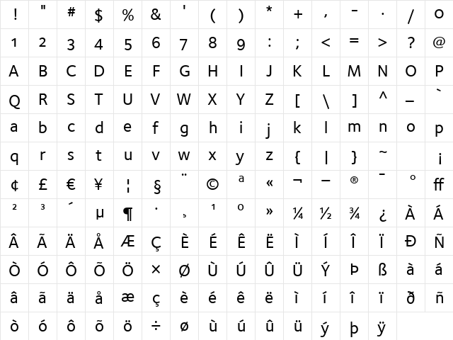 FoundrySterling-MediumOSF Regular  glyph index