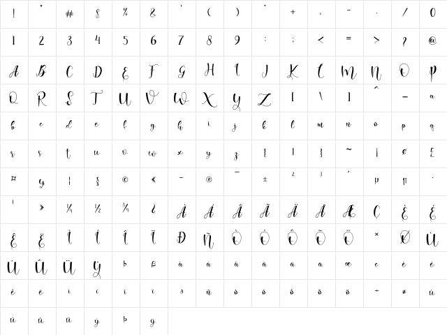 evelyne Regular  glyph index