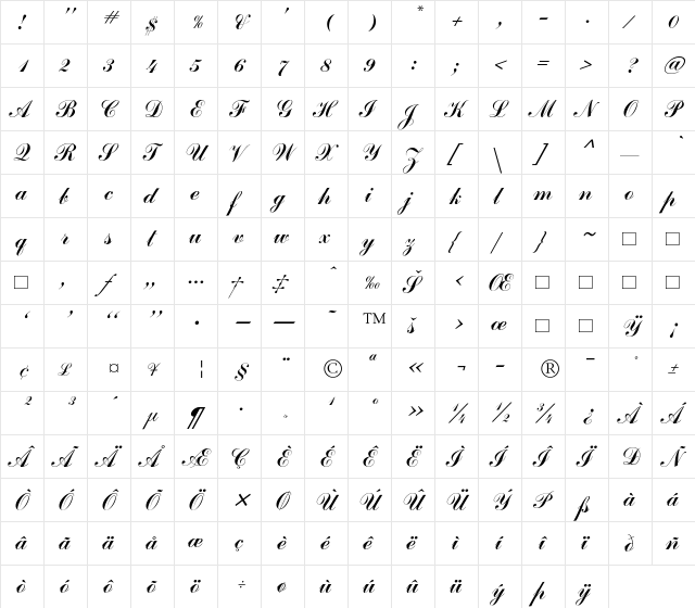 CommScriptTT Italic  glyph index