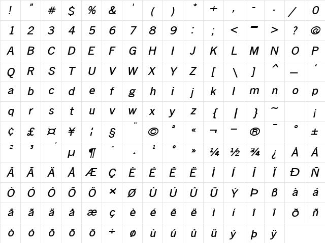 Matterhorn-Extended Bold Italic  glyph index