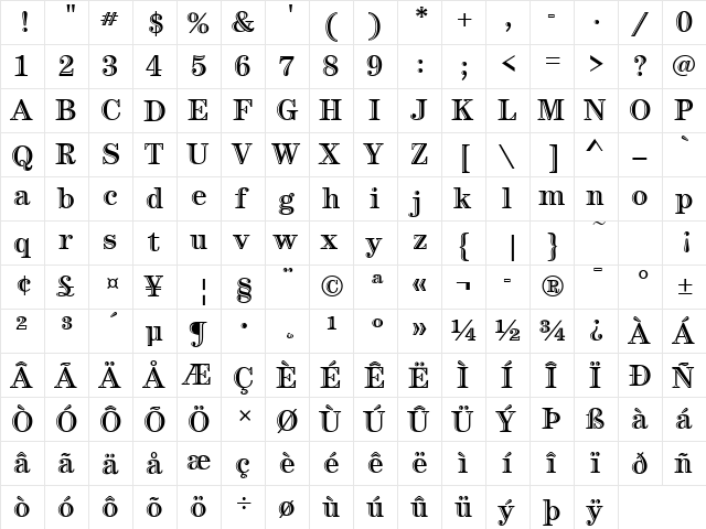 Century Htld ITC TT Regular  glyph index