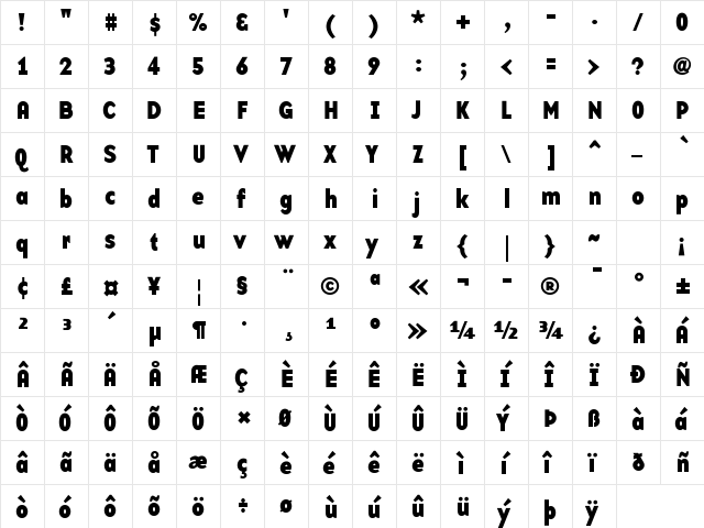BaseTwelveSansB Roman  glyph index
