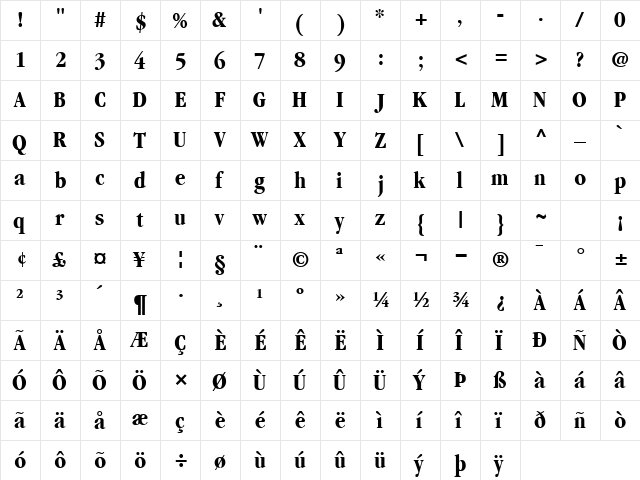 GaramondBlackCondSSK Bold  glyph index