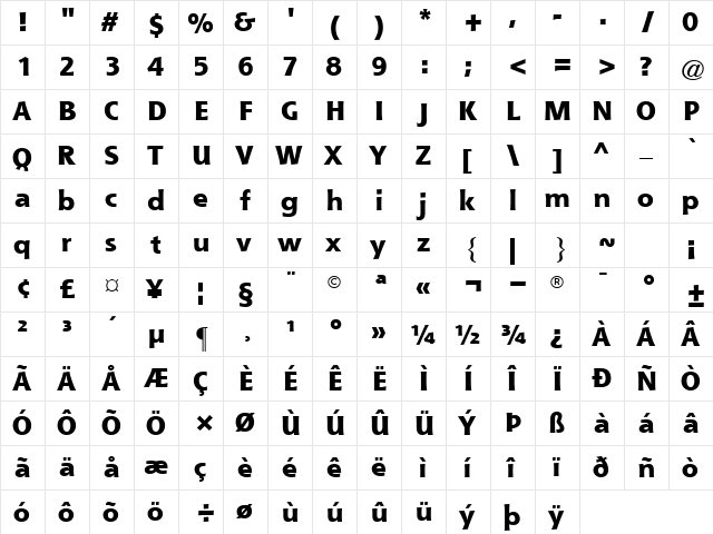 Shannon Extra Bold Regular  glyph index