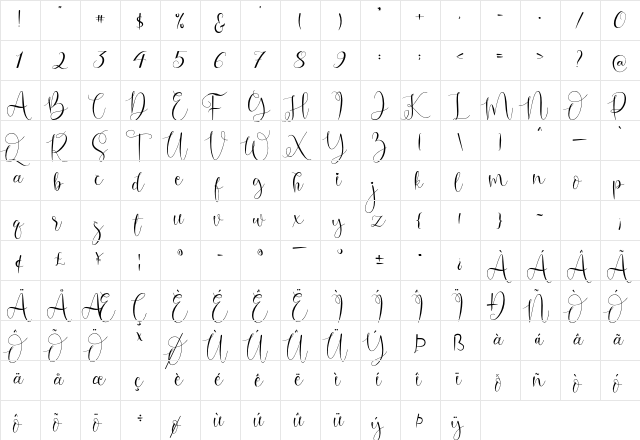 Dear Natasha Regular  glyph index