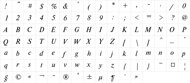 NewtonC Italic  glyph index