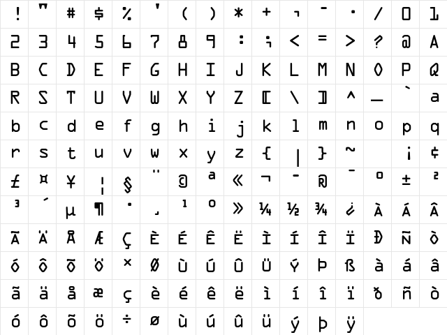 OCR A Std Regular  glyph index