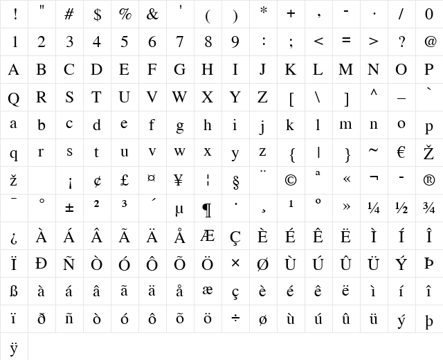 Times LT Regular  glyph index
