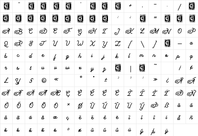Grandmora Regular  glyph index