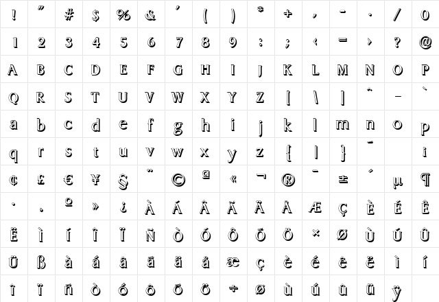 DragonShadow Regular  glyph index