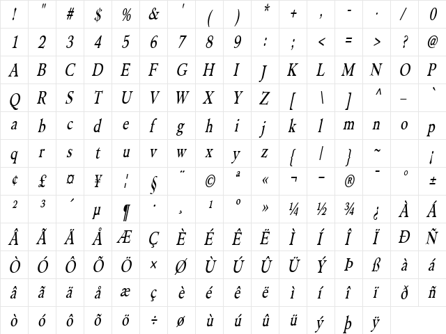 PilgrimCondensed Italic  glyph index