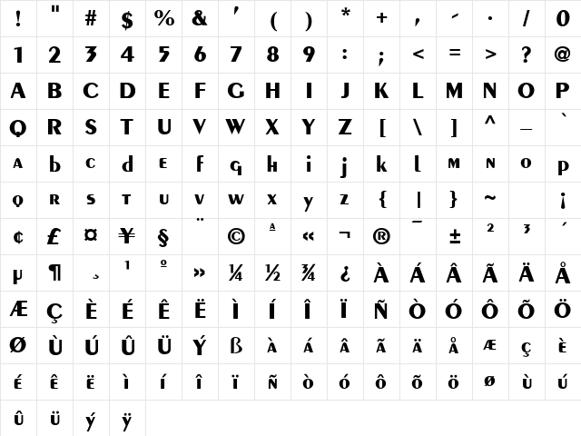 Penoir Bold  glyph index