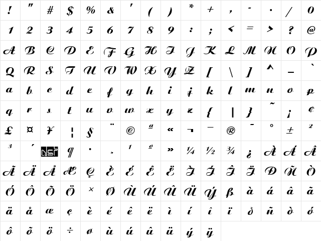 Ariston Bold  glyph index