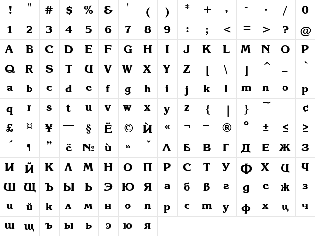 Karina Black Rus Regular  glyph index