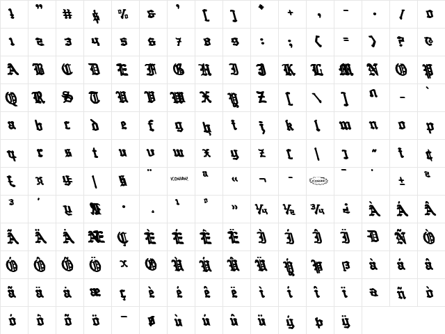 Quest Knight Leftalic Italic  glyph index