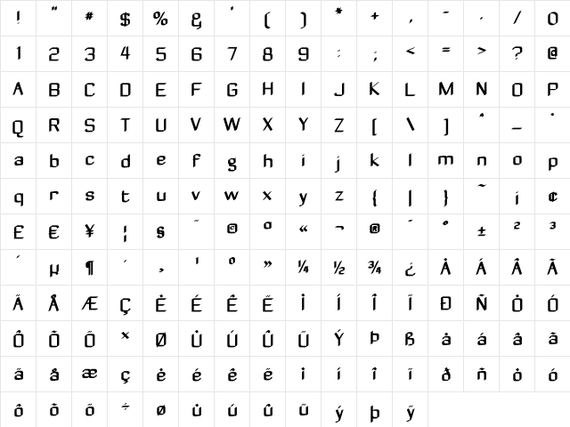 Zyphyte Regular  glyph index