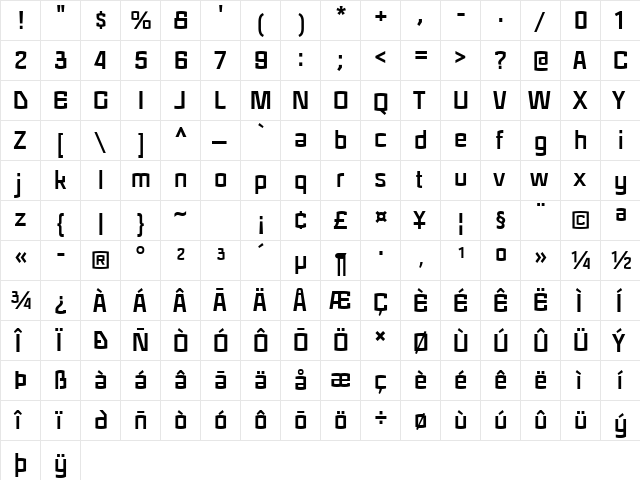 Regra Bold  glyph index