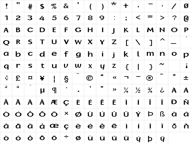 Oak-Ridge-Extended Bold  glyph index