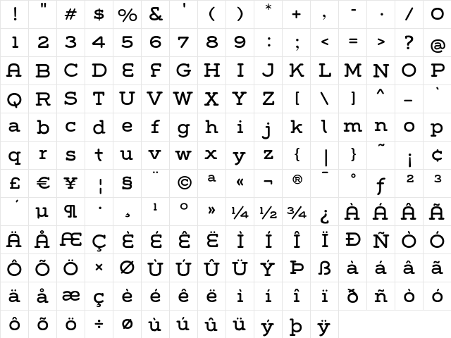 Grover Slab Regular  glyph index