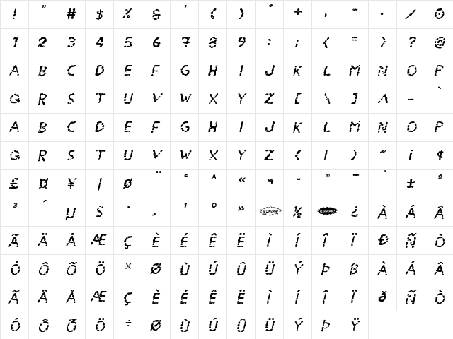 Blood Drenched Expanded Italic Regular  glyph index