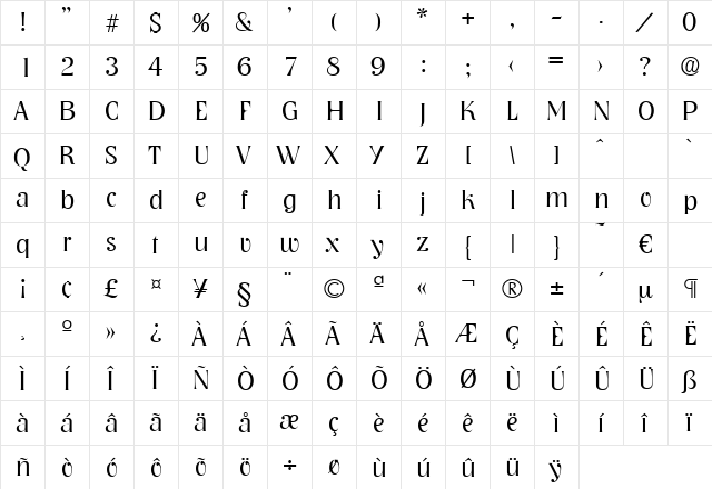 Nashville-Light Regular  glyph index