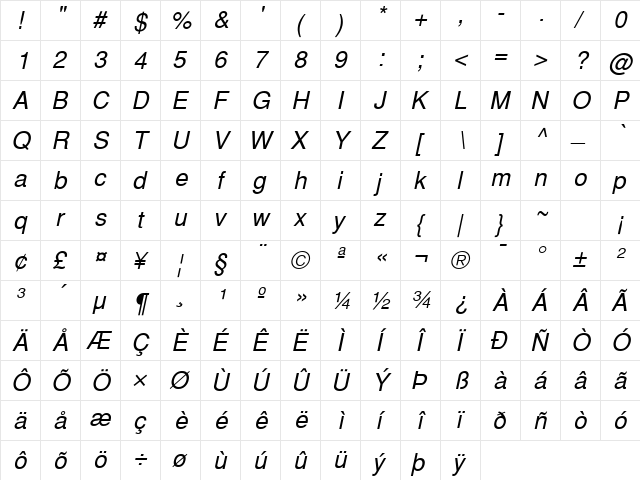HeaveneticaSH Oblique  glyph index