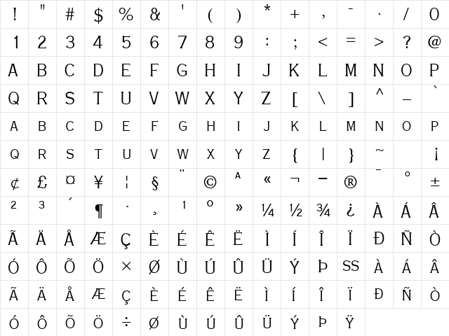 CopperplateLightCondSCapsSSK Regular  glyph index