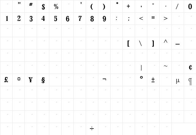 StirlingBoldTab Roman  glyph index