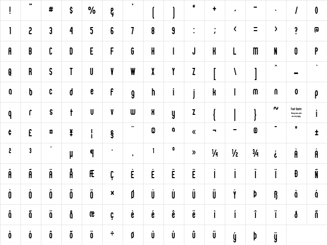 Zillah Modern Narrow Regular  glyph index
