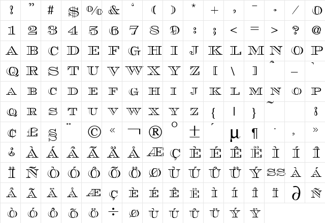 MauriceOutline DB Regular  glyph index