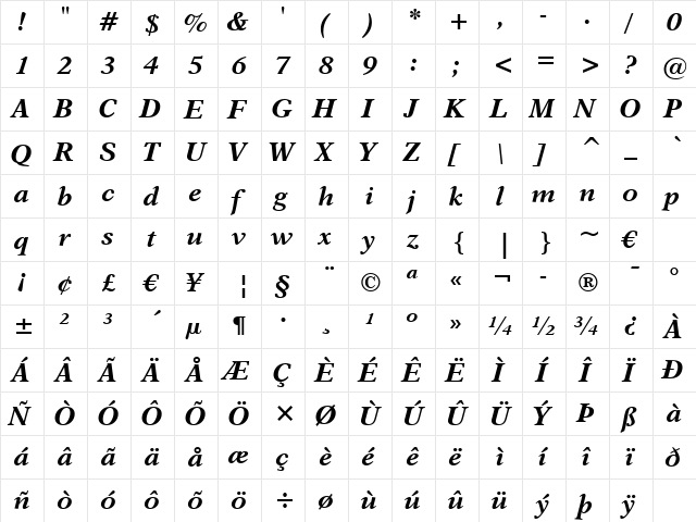 Dutch823 BT Bold Italic  glyph index