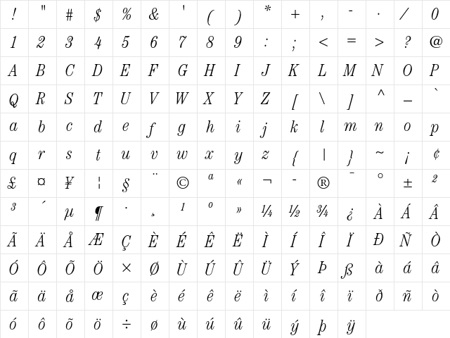 ITC Century Light Condensed Italic  glyph index