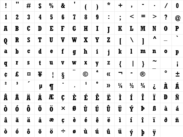 Rockwell Condensed Bold  glyph index